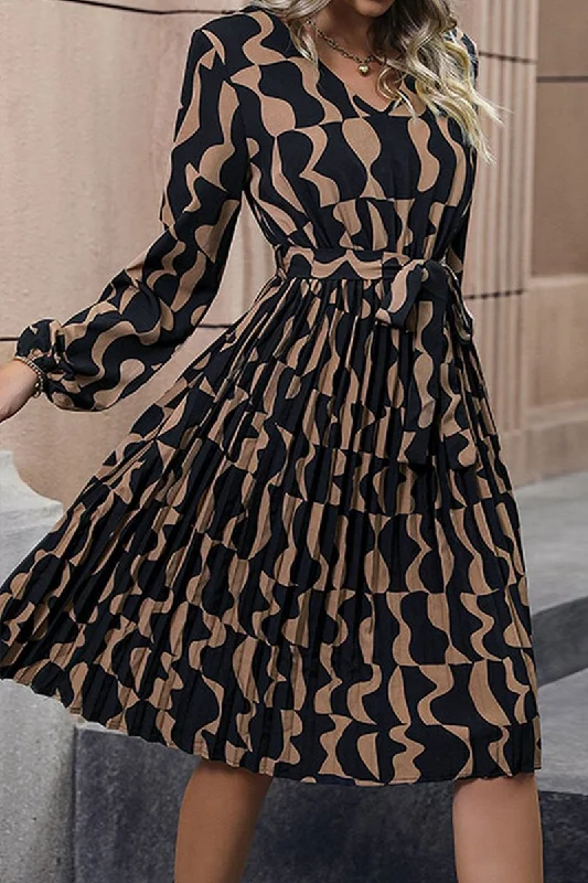 Overstock WOMEN LACE TRIM BACK BELTED LONG SLEEVE DRESS