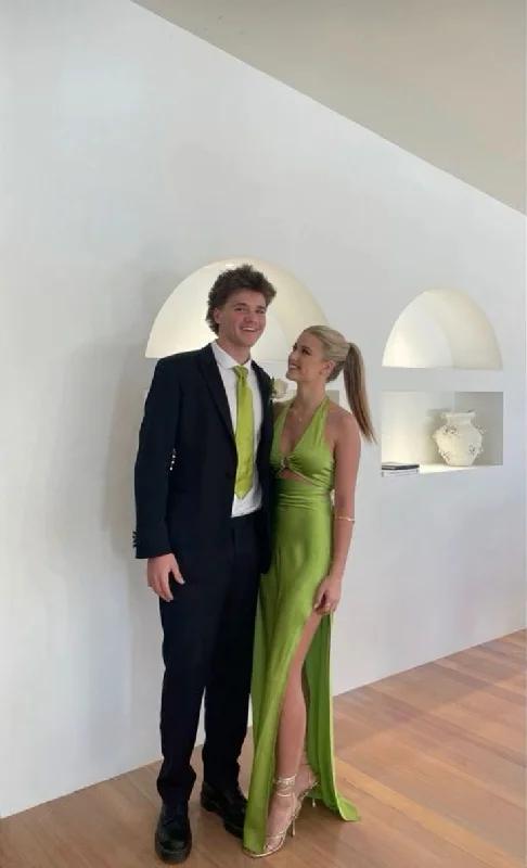 Special Savings Green Halter V Neck Cut Out Satin Long Party Dress,DP1950
