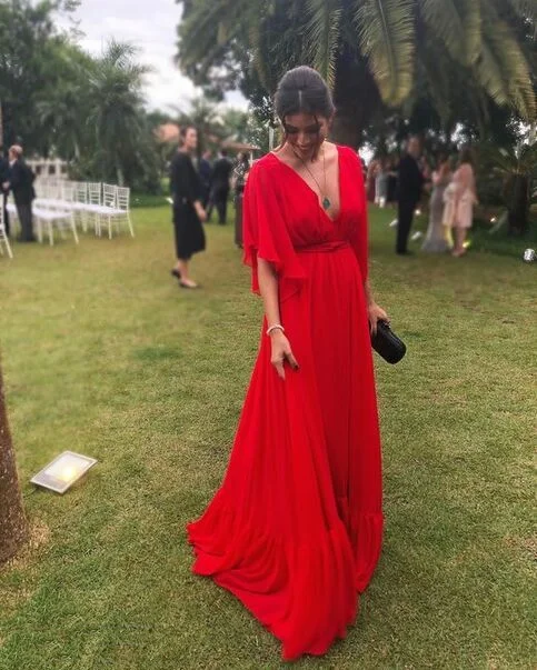Special Discount Elegant V Neck Half Sleeves A-Line Long Party Dress Wedding Guest Dress,DP1872