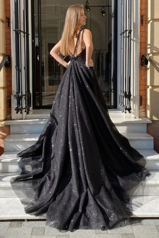 Act Fast Shiny Tulle V Neck Open Back Black Long Prom Dresses with High Slit, Sparkly Black Tulle Formal Graduation Evening Dresses,DS4522