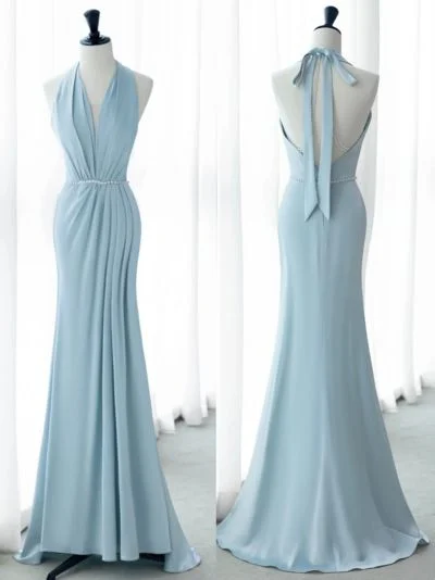 Holiday Sale Light Blue Halter Backless Mermaid Long Party Dress with Pearls,DP1886