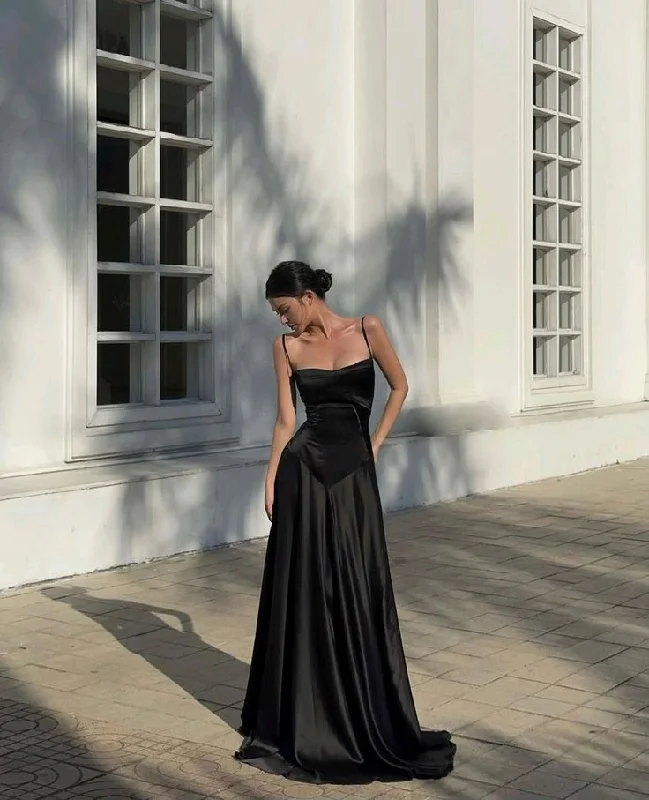 Great Deals Black Spaghetti Straps A-Line Satin Elegant Long Party Dress,DP1994