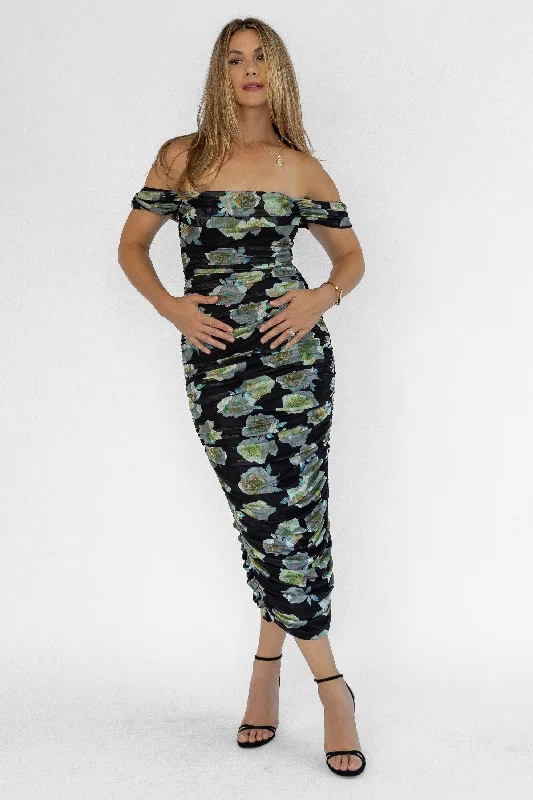 Steals and Deals Elodie Black Floral Ruched Midi Dress - Final Sale