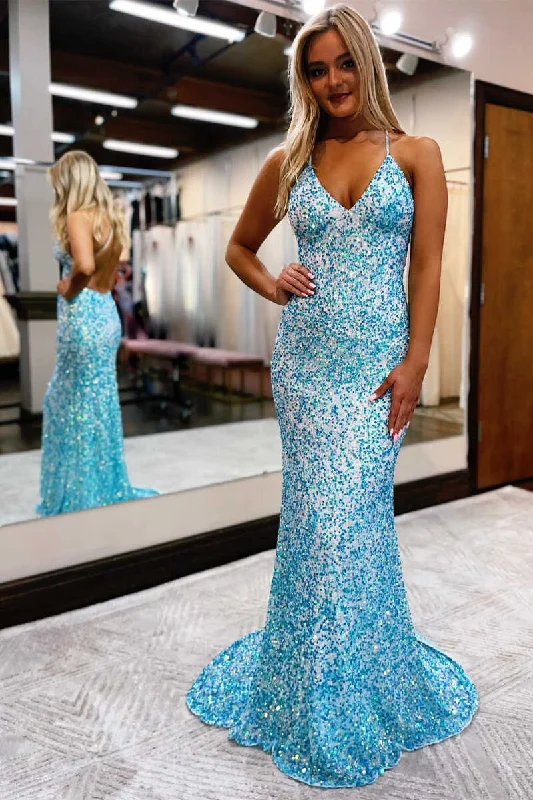 Crazy Deals Blue Sequin Backless Long Prom Dress,DS4884