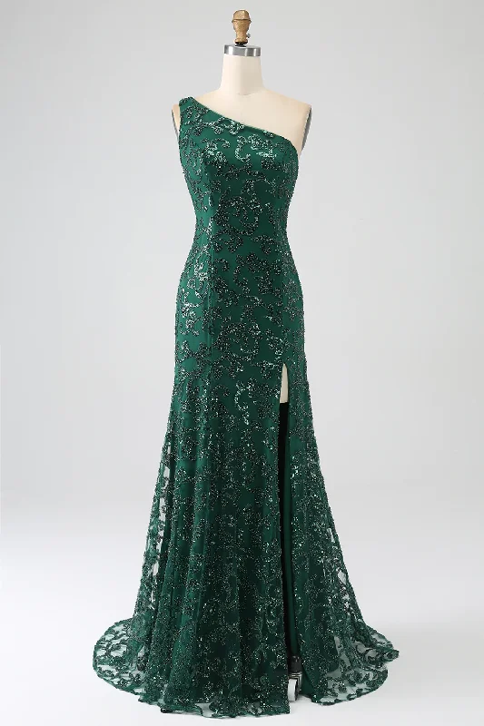 Great Deals Sparkly Dark Green One Shoulder Sequin Mermaid Long Prom Dress with Slit,DP1869