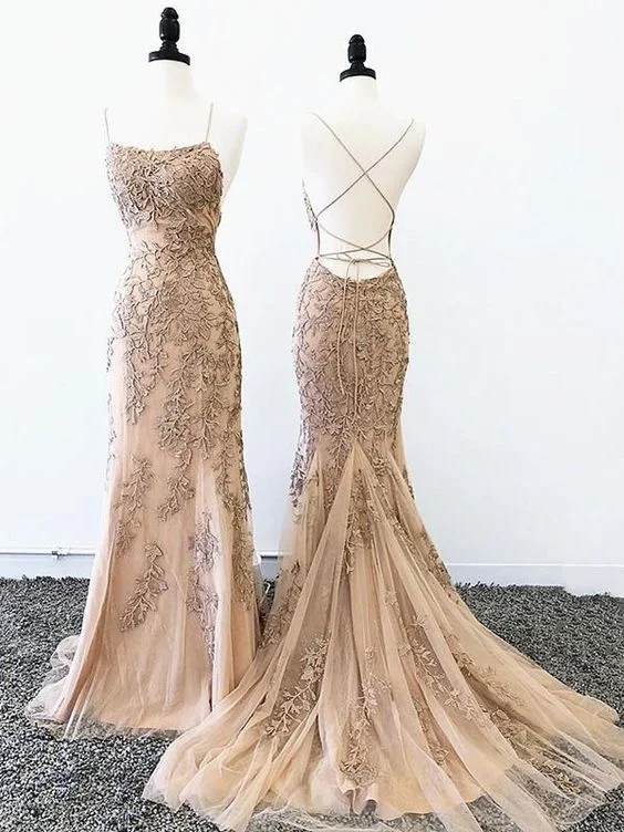 Discount Deals Backless Mermaid Champagne Lace Prom Dresses, Champagne Backless Mermaid Lace Formal Evening Dresses,DS4960