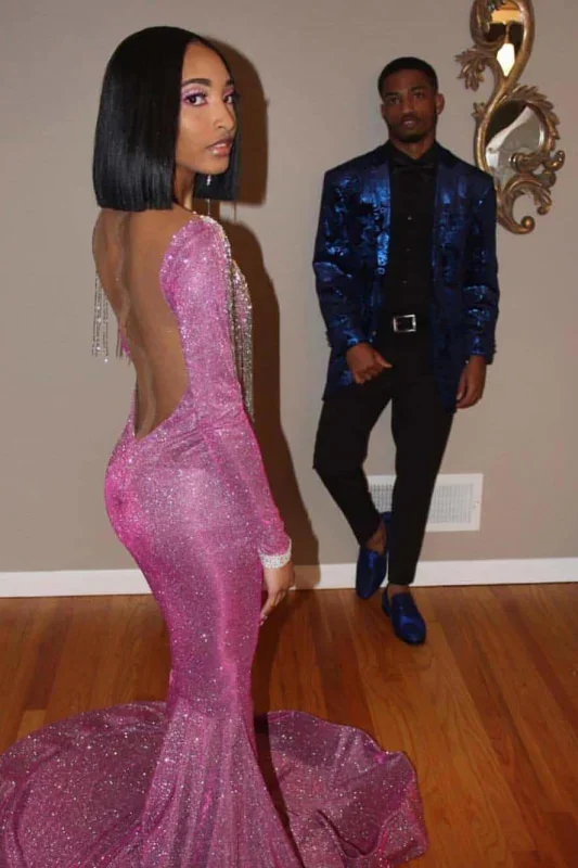 Shop and Save Pink Long SLeeves Deep V-Neck Mermaid Prom Dresses,DS4795