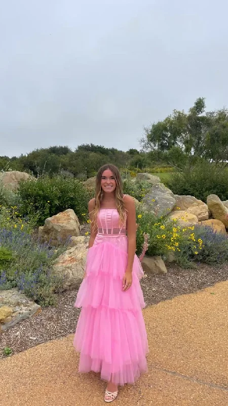 Instant Discount Pink Straps A-Line Tulle Layers Long Party Dress,DP1874