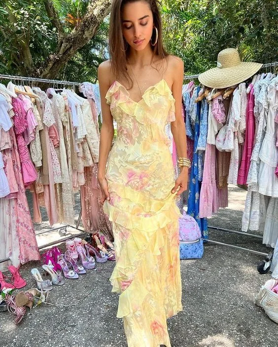 Crazy Savings Yellow Straps Ruffles Long Party Dress Weding Guest Dress,DP1903