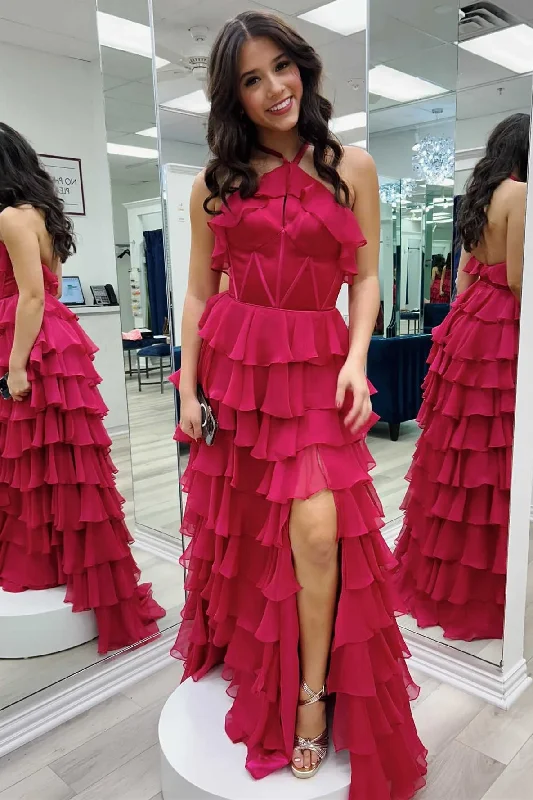 Can't Miss Red Halter Ruffle Tiered Chiffon Long Prom Dress with Slit,DP1912