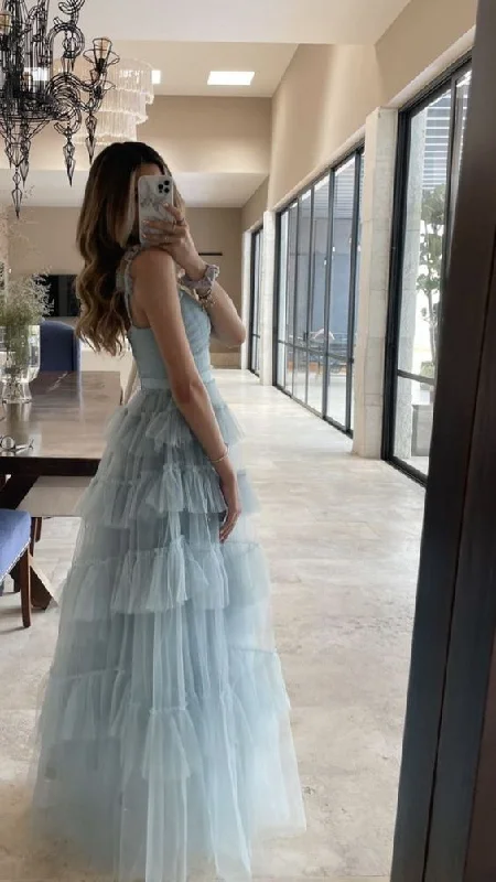 Online Exclusive Light Blue Straps A-Line Tulle Long Prom Dress Evening Gown,DP1836