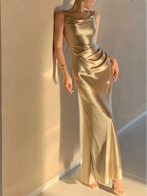 Special Price Elegant Gold Satin Backless Mermaid Long Prom Dress Formal Party Dress ,DP1990