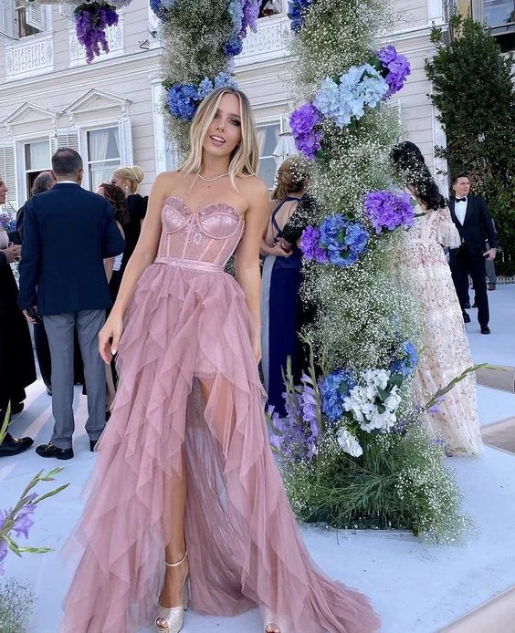 Price Fest Dusty Pink Sweetheart Strapless A-Line Ruffles Long Party Dress,DP1972