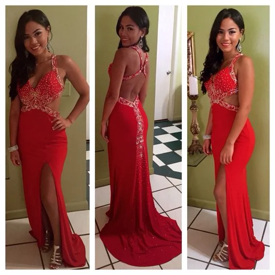 Last Chance Sexy Red V Neck Backless Beading Long Party Dress with Slit,DP1926