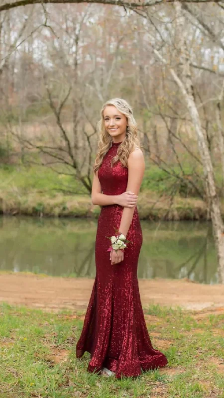 Season Finale Sale Burgundy Sequins Halter Mermaid Long Prom Dress,DP1918