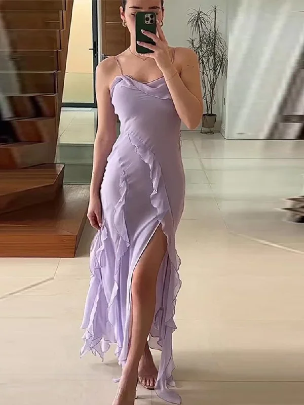 Act Now Lilac Spaghetti Straps Ruffles Long Party Dress with Slit,DP1793