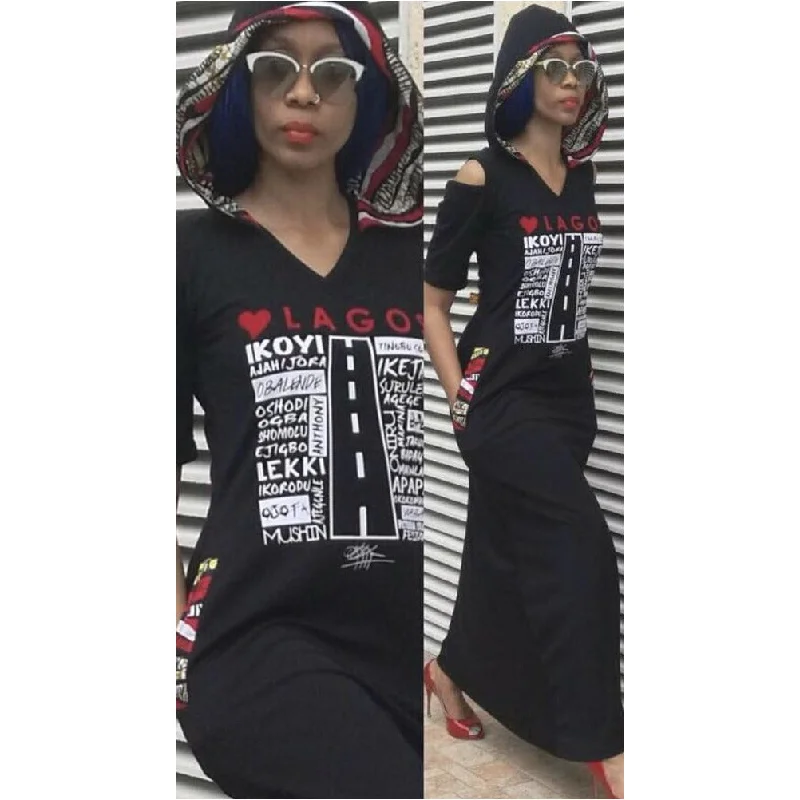 Weekend Deal MAXI LOVE LAGOS HOODED DRESS, ANKARA DETAIL