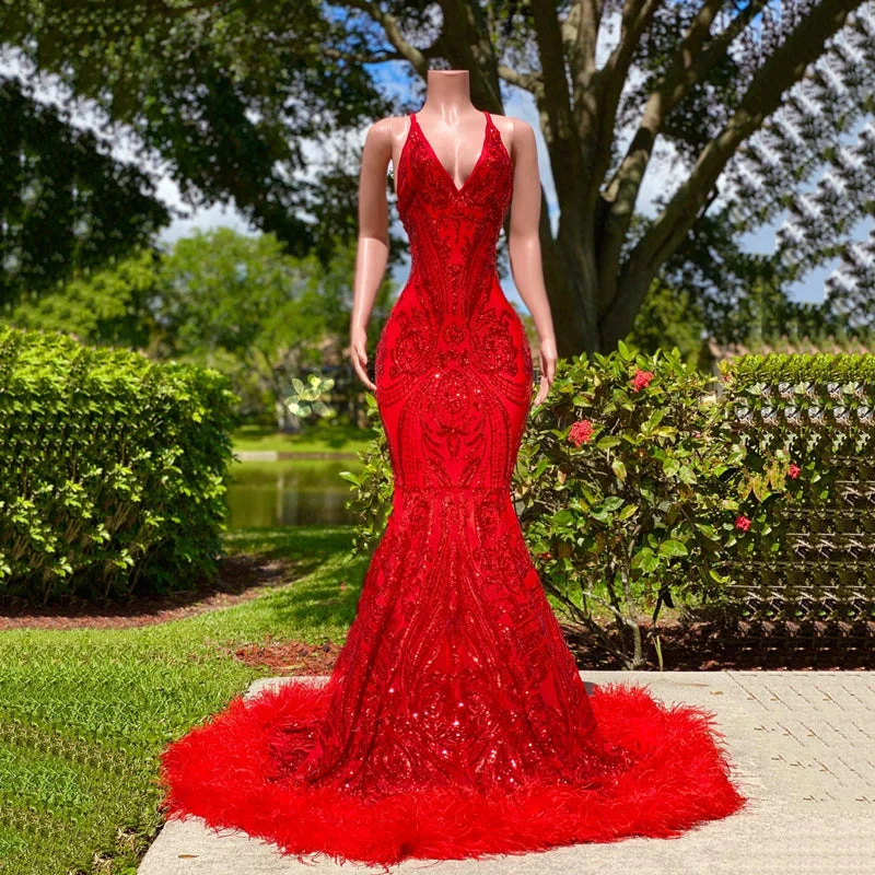 Huge Savings Arabian Sexy Black Girl Mermaid Prom Dresses 2020 Red Sequined Elegant Backless Feather Evening Gowns long Women Formal Dress,BL18613