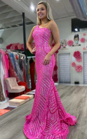 Low Prices LONG MERMAID PROM DRESS NEON SEQUINED ONE SHOULDER FORMAL MERMAID,DS4509
