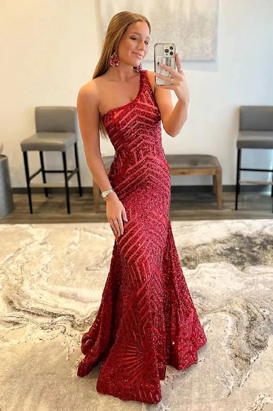 Online Exclusive Dark Red One Shoulder Sequined Mermaid Prom Dress,DS4913