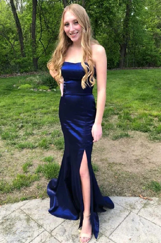 Midnight Madness Strapless Mermaid Satin Long Prom Dress With Slit,Mermaid Graduation Dress,Evening Gown,DS4505