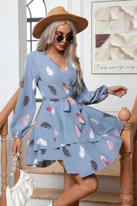 Hot Deal WOMEN FEATHER PRINTING MULTILAYER HEM V NECK DRESS