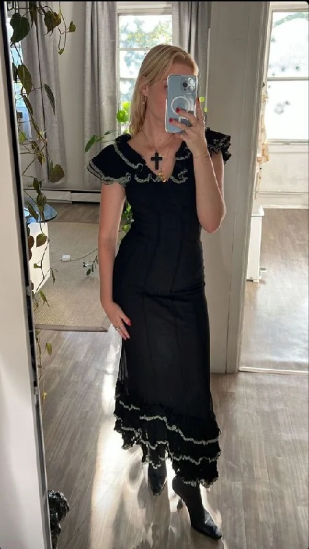 Clearance Event Black Vintage Ruffle Sheath Long Party Dress,DP1924