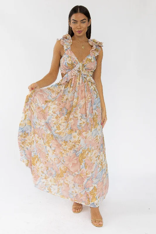 Buy Now Liana Pink Floral Cutout Maxi Dress