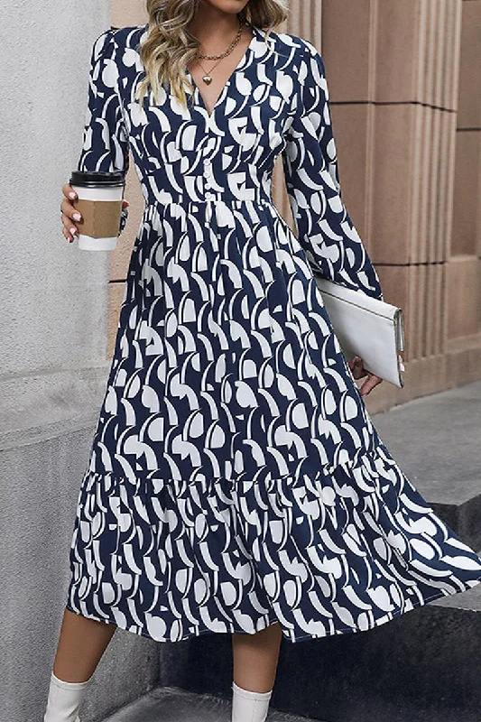 Quick Sale WOMEN V NECK LONG SLEEVE PATTERNED TIERED DRESS