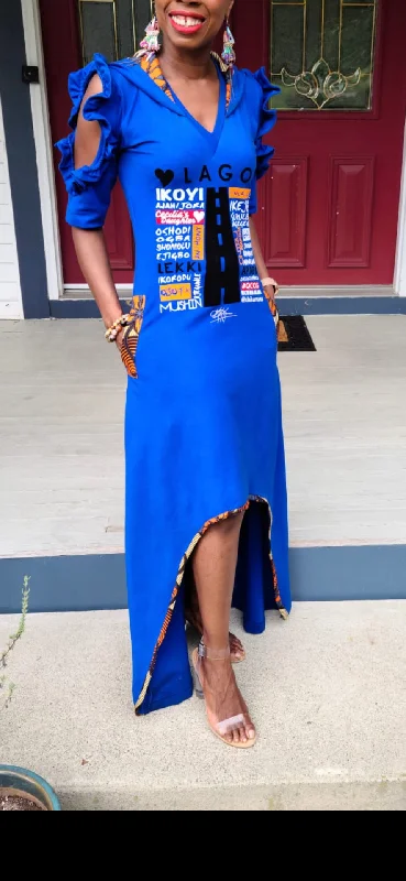 Huge Discounts Royal Blue Hi Low VELVET APPLIQUE LUV LAGOS HOODED MAXI