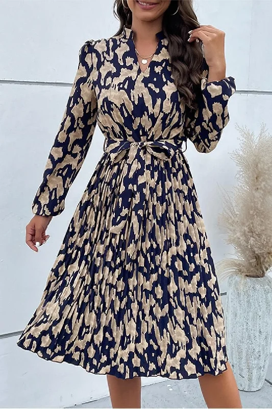 Exclusive Deal ELEGANT PATTERNED V NECK TIED WAIST DRESS