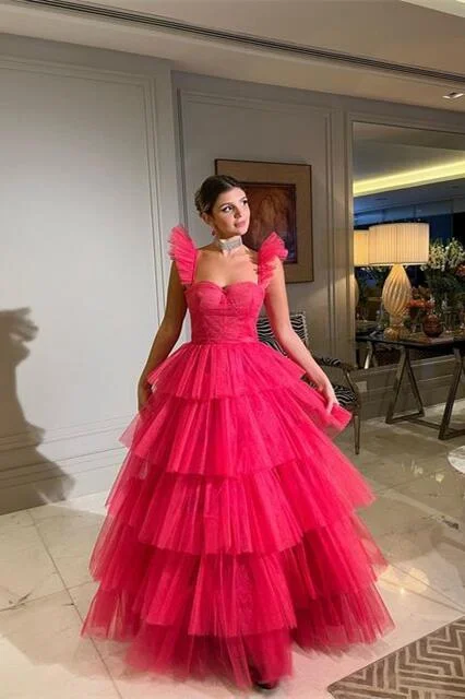 Massive Deals Fuchsia Tiered Ruffles Tulle A-Line Long Party Dress, DP2012