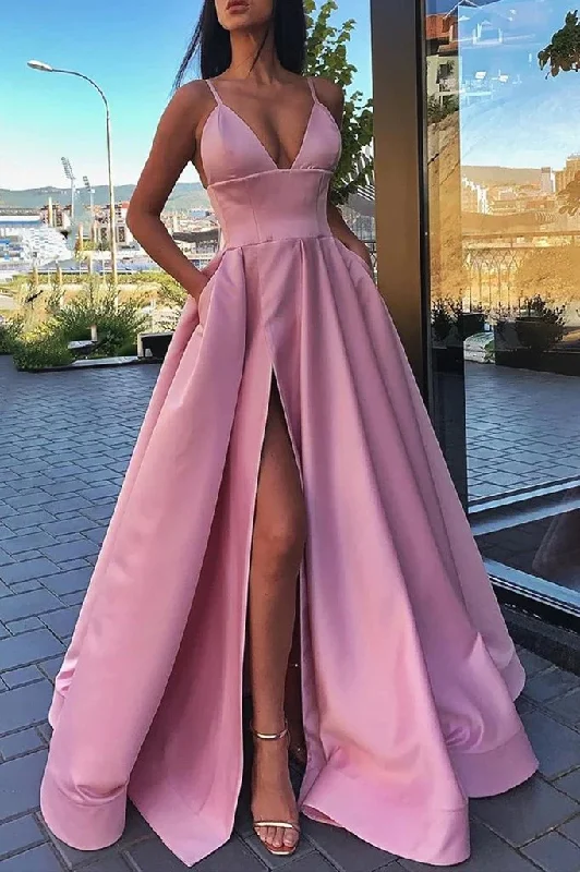 Crazy Savings Simple A Line V Neck Red Long Prom Dresses, Formal Evening Dress With Pockets,DS4654