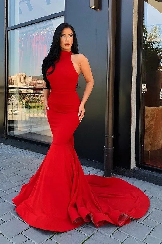 Bonus Savings Halter Red Mermaid Evening Gowns with Ruffles Backless Prom Dresses,DS4704