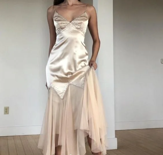 Reduced Prices Vintage Champagne Straps Tulle Beading Long Party Dress,DP1859
