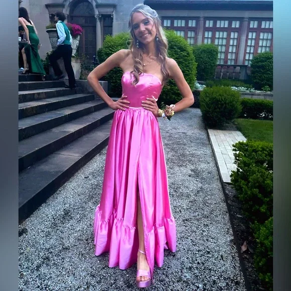 Price Cut Pink Strapless A-Line Satin Long Party Dress with Slit,DP1873