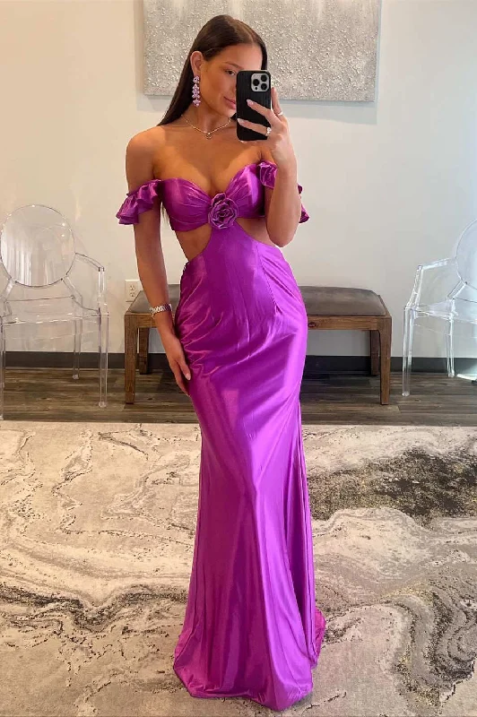 Overstock Sale Fuchsia Off Shoulder Ruffle Side Cutouts Long Prom Dress,DP1914