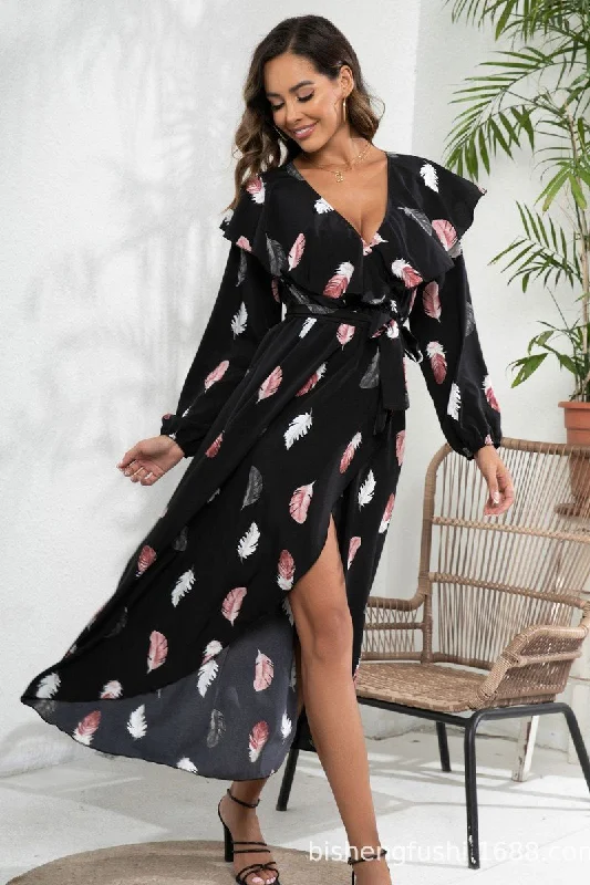 Value Deals WOMEN LOTUS COLLAR PLUME PRINTED SLIT DRESS