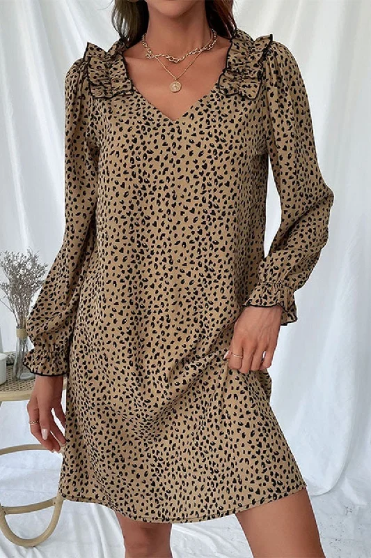 Discount Days WOMEN RUFFLE SHOULDER DETAILED LEOPARD MINI DRESS
