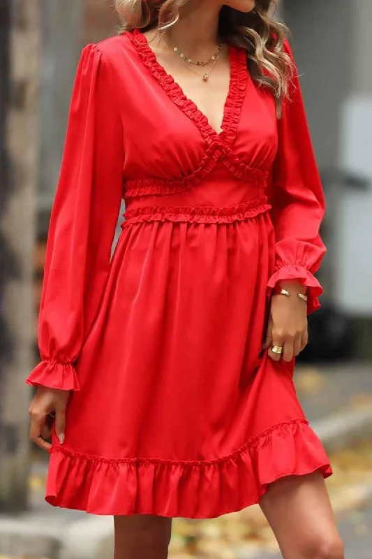 Exclusive Access V NECK FRILL FLARE MIDI DRESS