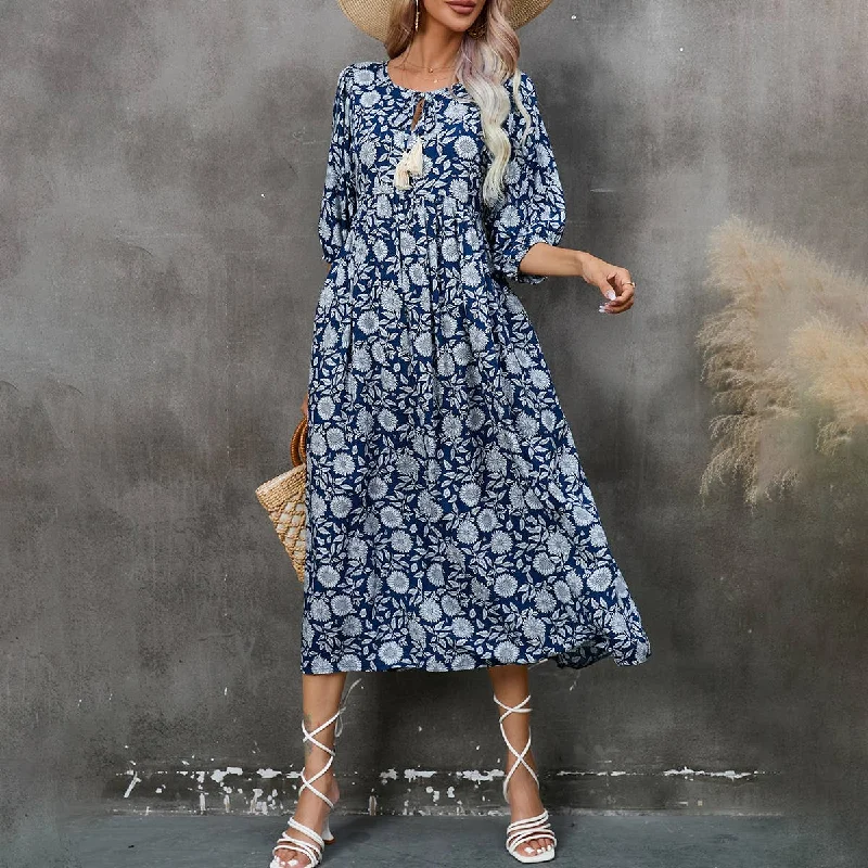Hurry In BOHO DRESS WITH LANTERN SLEEVES AND LOOSE V-NECK_CWDMD2315