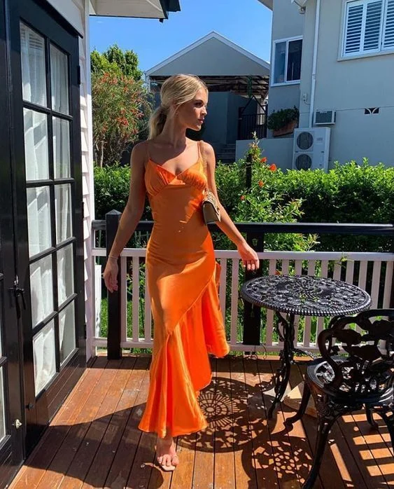 Today’s Deal Orange Spaghetti Straps Ruffle Long Party Dress,DP1853