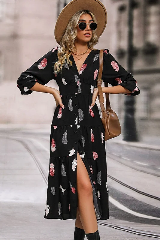 Unbeatable Prices WOMEN FEATHER PRINTING LONG SLEEVE V NECK DRESS