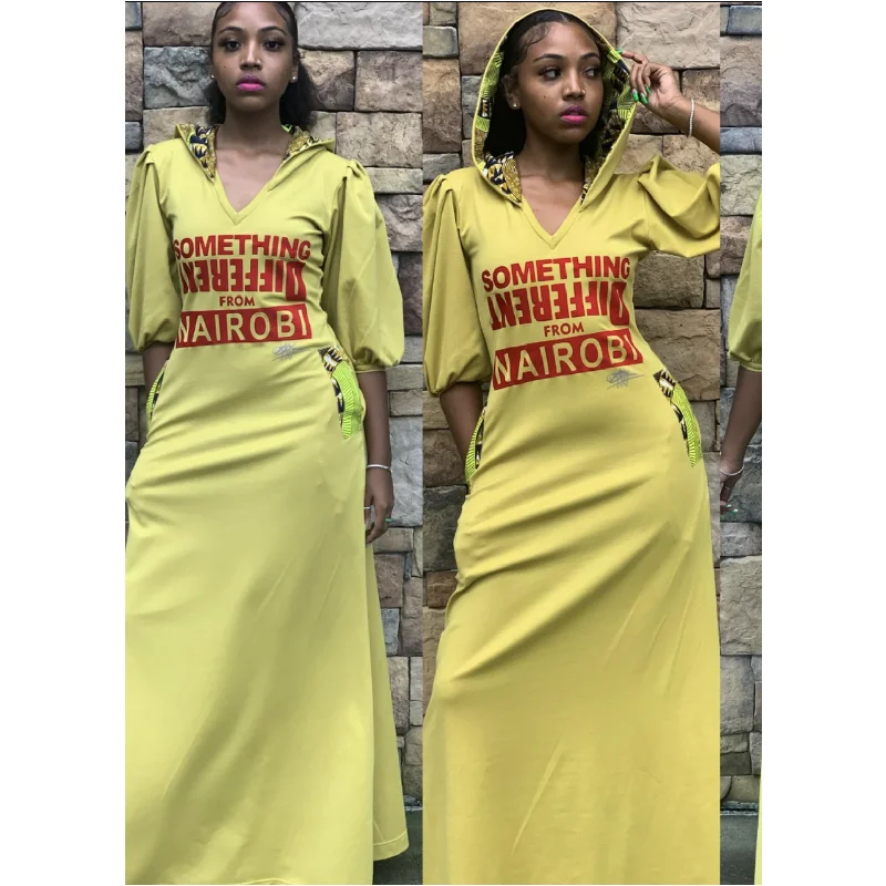 Hurry In Customisable ‘Something DIFFERENT From NAIROBI’ Mustard Maxi, Puffed Sleeves, Ankara Detail