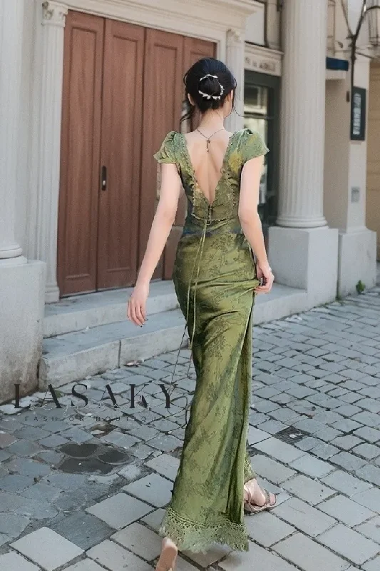 Super Bargain Green V Neck Cap Sleeves Sheath Long Party Dress,DP1856