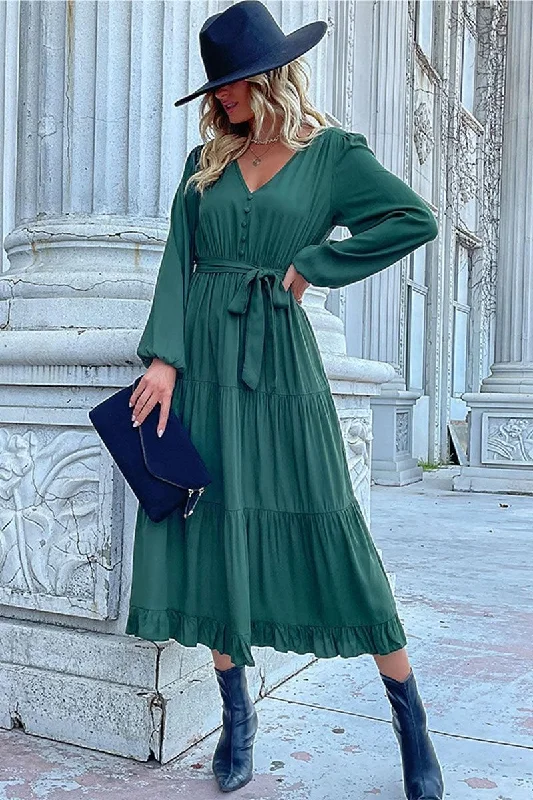 Weekend Deal V NECK DRAWSTRING WAIST RUFFLED LONG DRESS