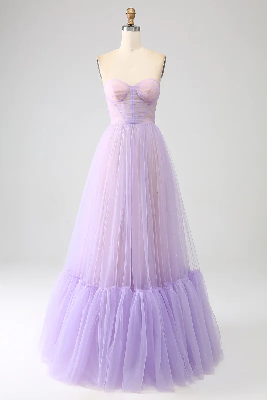 Loyalty Reward Lilac A-Line Strapless Corset Tulle Long Prom Dress,DP1865