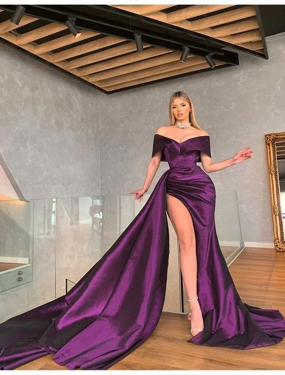 Price Rollback Off Shoulder Mermaid Purple Satin Long Party Prom Dresses with Slit,DS4876
