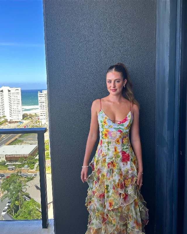 Deal Zone Green Floral Printed A-Line Backless Ruffle Long Party Dress, DP2024