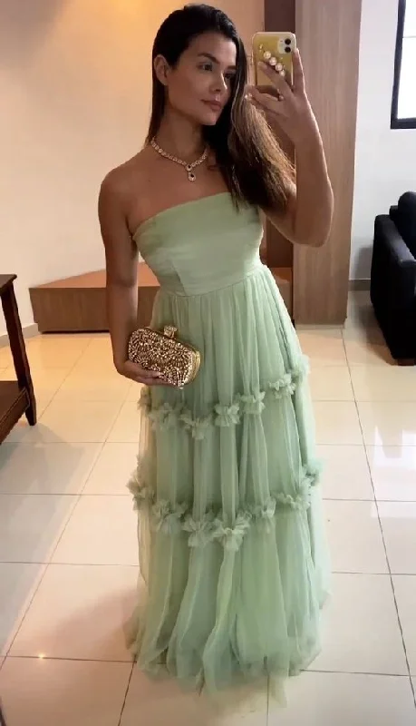 Bargain Blast Light Sage A-Line Strapless Tulle Long Party Dress,DP1780